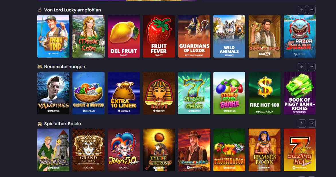 Verschiedene Spielautomaten und Slots im LordLucky Casino Angebot